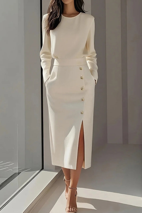Solid Color Long Sleeves Pocket Button Decorated Slit Midi Dress | Consonak