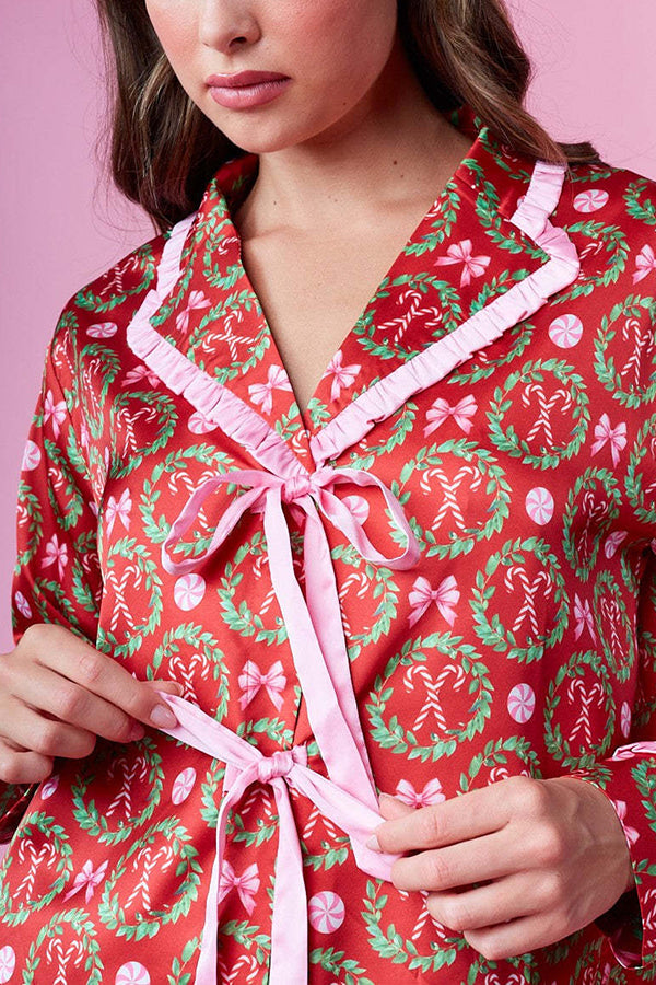 Christmas Print Long-sleeved Tie-waist Loose Top and Elastic Waist Pocket Casual Wide-leg Pants Set-consonak