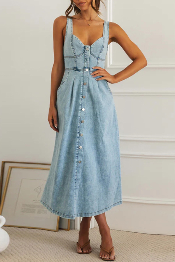 Stylish Single-breasted Fitted Waist Gathered Back Denim Maxi Dress