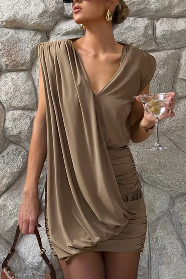 Solid Color Casual Sleeveless V-neck Elegant Pleated Mini Dress