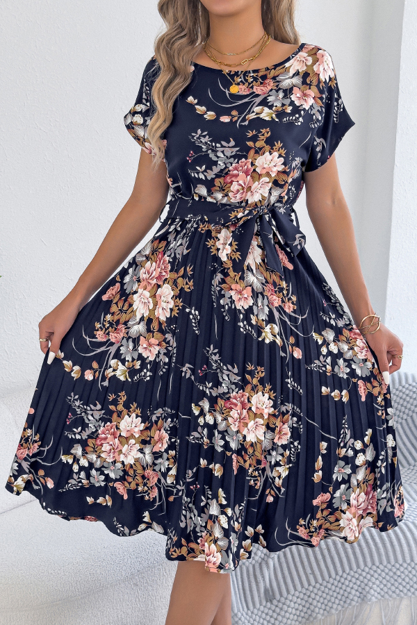 Floral Print Round Neck Fitted Waist Tie Pleated Midi Dress-consonak