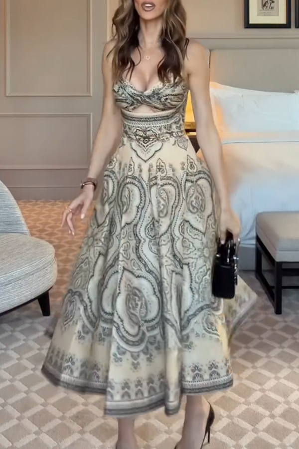 Luna Linen Blend Paisley Print Twist Back Smocked Pocket Slip Midi Dress