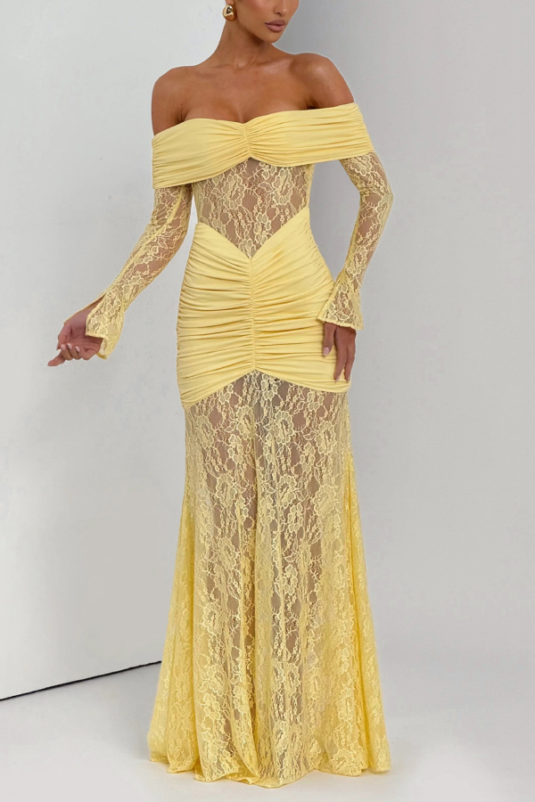 Solid Color Patchwork Lace Off-shoulder Long-sleeved Pleated Slim-fit Maxi Dress | Consonak