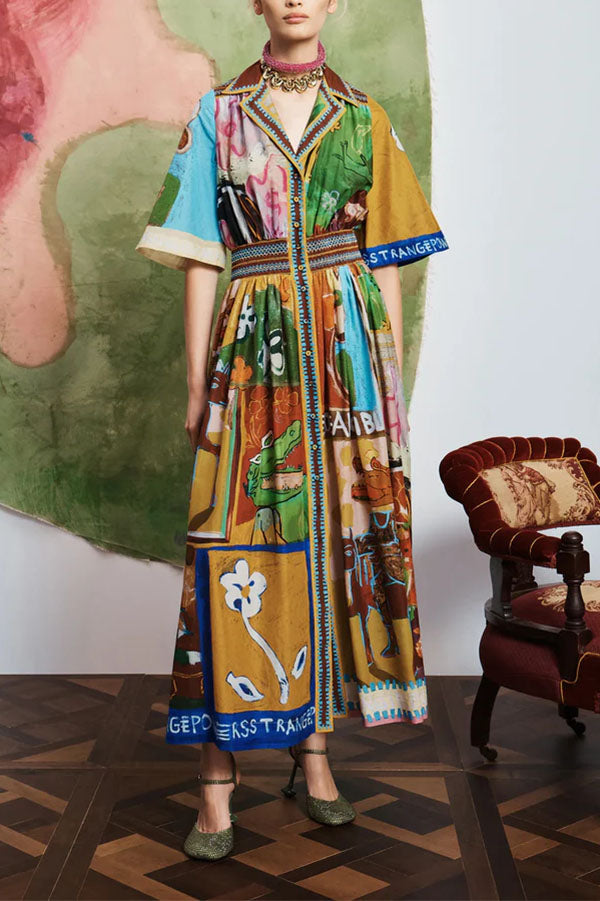 Vintage-Style Multi-Color Print Shirt Maxi Dress-Consonak