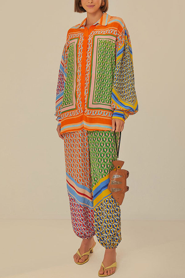 Brazil's Joyful Spirit Colorful Unique Print Balloon Sleeve Button Loose Shirt-consonak