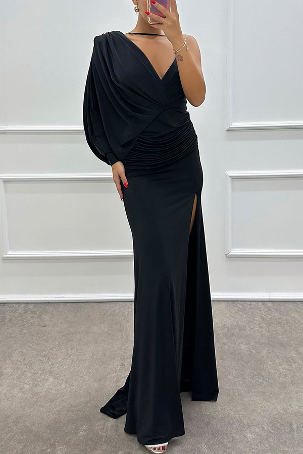 Like Venus One Shoulder Bat Sleeve Ruched Detail Slit Gown Maxi Dress-consonak