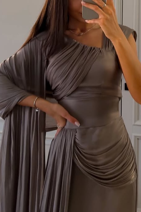 Solid Color Satin Sleeveless Waist Elegant Pleated Ribbon Maxi Dress-consonak