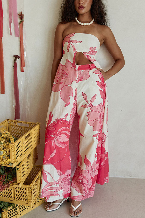 Flora Sunset Linen Blend Printed Front Slit Strapless Midi Top and High Rise Pocket Loose Pants Set