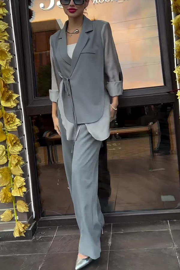 Chic and Elegant Chiffon Patchwork Irregular Lace-up Jacket and Pocketed Straight-leg Pants Set-consonak