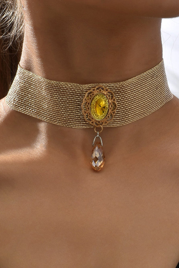 Fashionable Mesh Lace Gemstone Drop Pendant Necklace-consonak