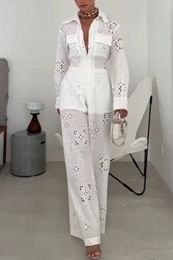 Vivi Embroidered Lace Cutout Long Sleeve Pocket Elastic Waist Loose Shirt Jumpsuit | Consonak