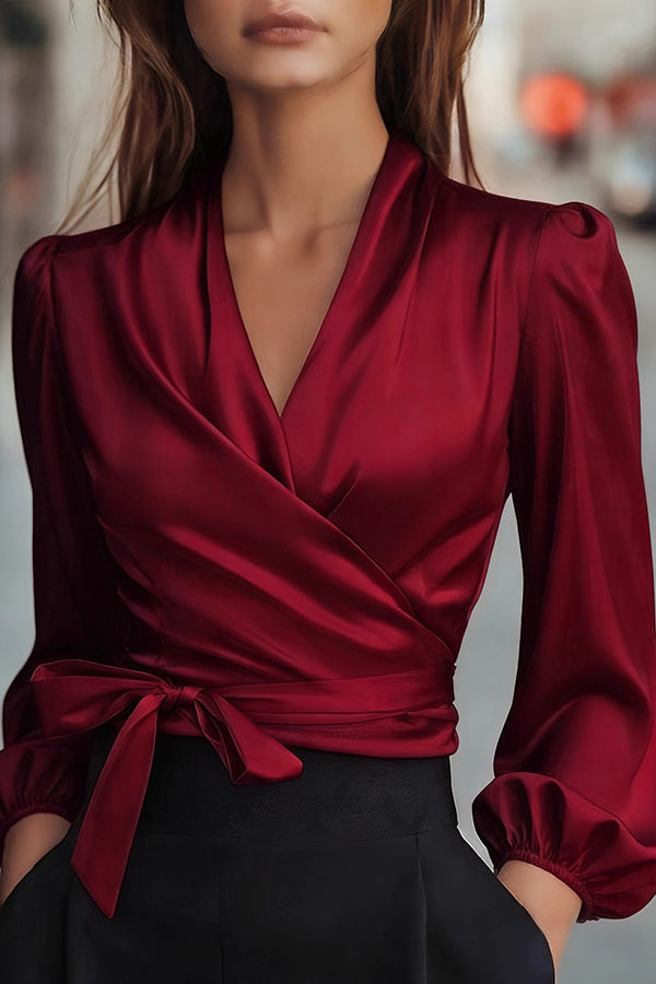 Satin V-neck Long-sleeved Casual Tie-waist Shirt-consonak