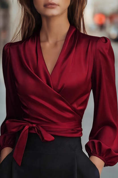 Satin V-neck Long-sleeved Casual Tie-waist Shirt-consonak