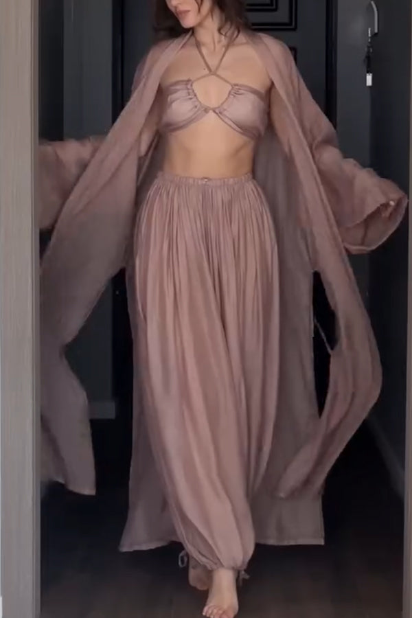 Flowy Linen Blend Halter Tank & Elastic Waist Tie-up Wide Leg Pants & Kimono Cover-Ups 3pieces Set