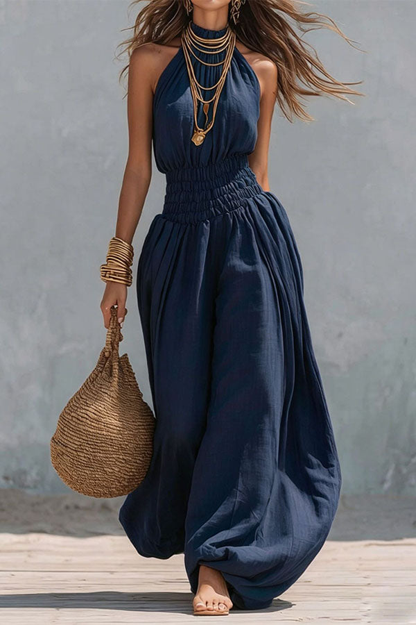 Flowy Smocked Waist Wide-Leg Palazzo Romper-Consonak