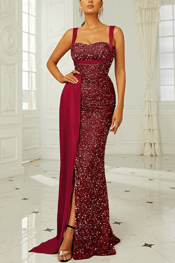 Banquet Sequined Backless Strappy Fishtail Maxi Dress-consonak