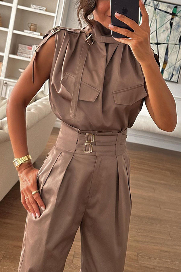 Statement Breast Pocket High Neck Top and Side Pocket Belt Long Pant Set-consonak