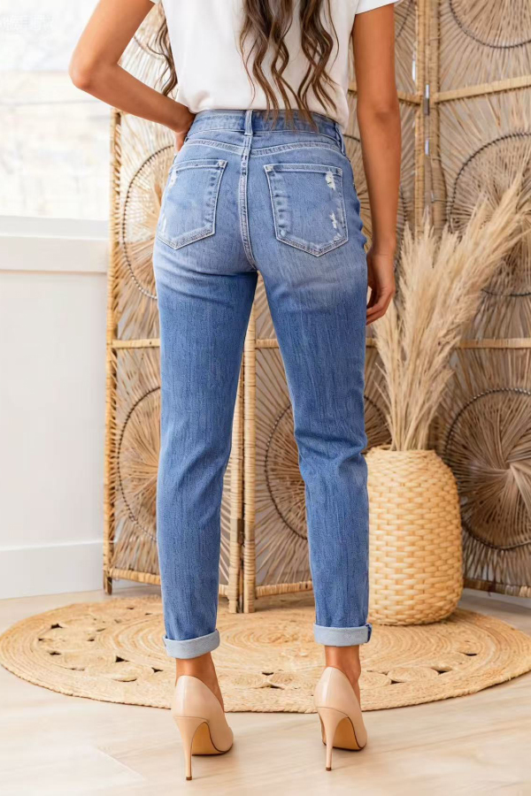 Stylish High-waisted Button-down Casual Pocket Ripped Jeans