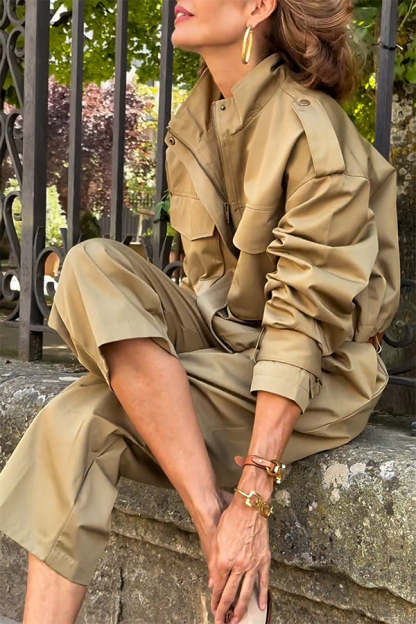 Classic Charm Strap Details Pocketed Cargo Style Zipper Loose Jacket-consonak