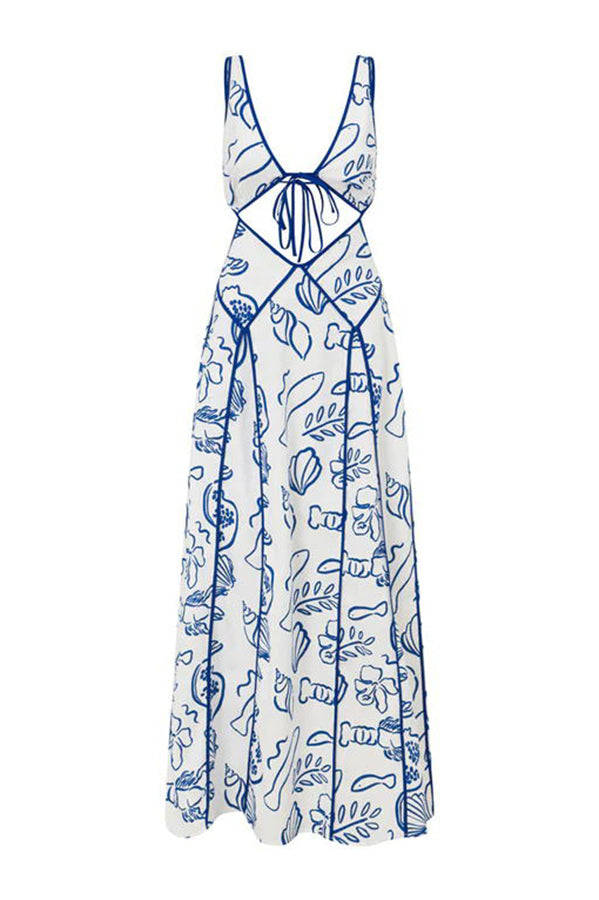 Love The Coastline Linen Blend Unique Print Cutout Tie-up Backless Maxi Dress-consonak