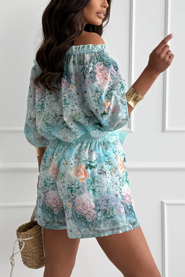Fiorito Chiffon Floral Print Off Shoulder Top and Elastic Waist Tie-up Loose Shorts Set-consonak