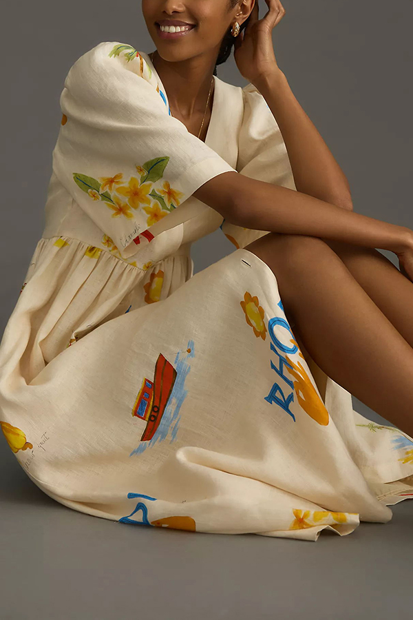 Cozy Summer Linen Blend Unique Print Button Puff Sleeve Loose Midi Dress-consonak