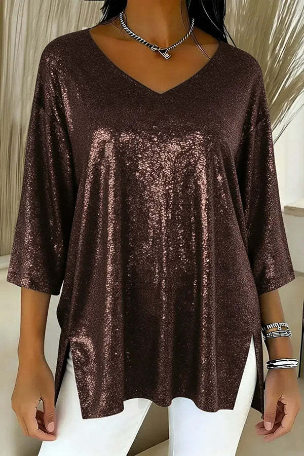 Solid Color Loose V-neck Shiny Casual Top-consonak