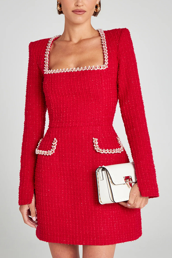 Girly and Glamorous Tweed Fabric Pearl Trim Long Slit Sleeve Pocketed Mini Dress | Consonak