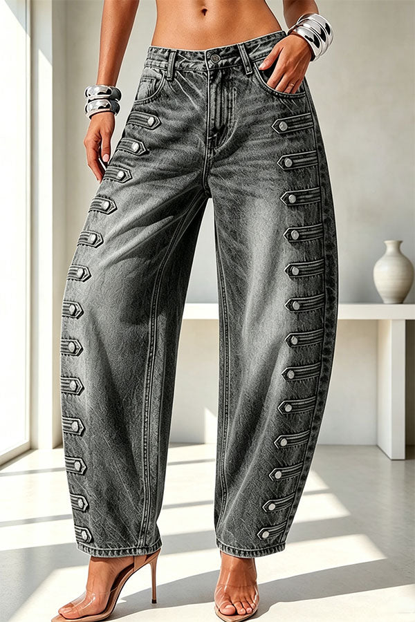 Napoleon-style Denim Metal Buttons Detail High Rise Pocket Loose Jeans-Consonak