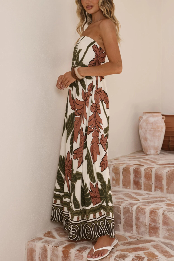 Botanical Print Sleeveless Off-shoulder Resort-style Loose Maxi Dress-consonak