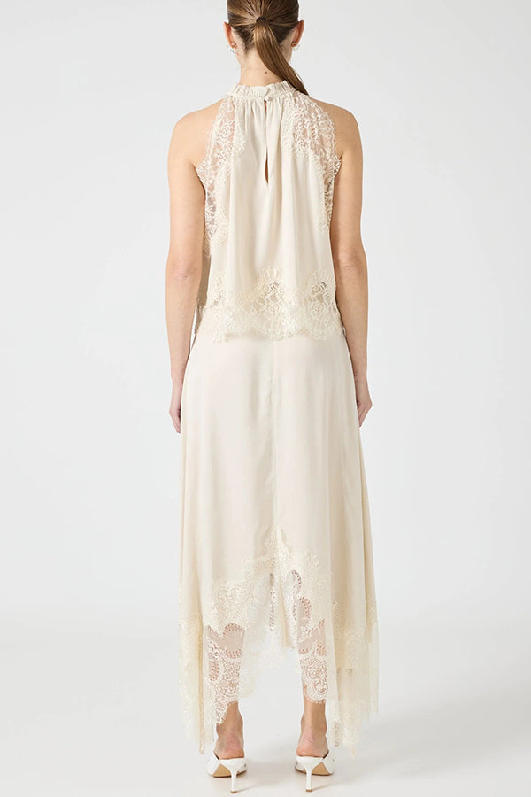 Modern Muse Satin Lace Trim Pleated Neck Top and A-line Irregular Slit Skirt Set | Consonak