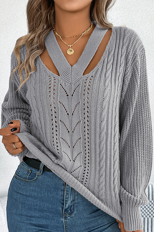 Casual Hollow V-neck Long-sleeved Knitted Sweater-consonak