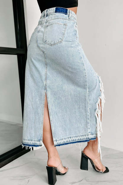 Darla Cutting Ties Heavily Distressed Denim Maxi Skirt-consonak