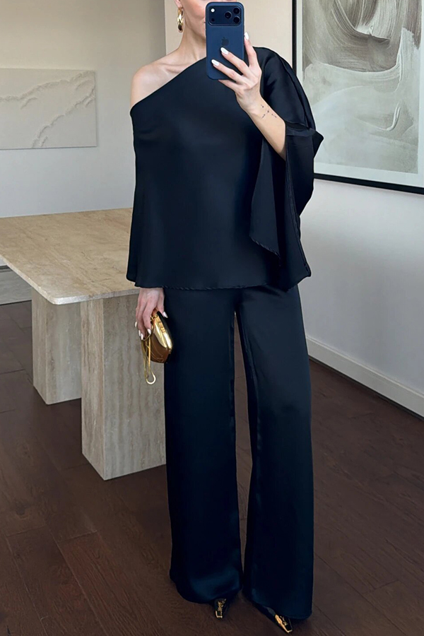 Arnell Satin One-Shoulder Cape Top and Elastic Waist Wide Leg Pants Set