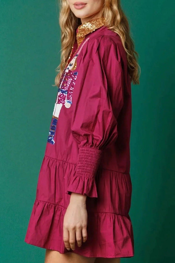 Nutcracker Sequined Button Down Long Sleeve Mini Dress-consonak