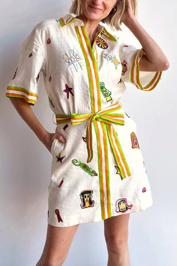 Britt Linen Blend Unique Printed Short Sleeved Pocket Tie Waist Mini Dress-consonak