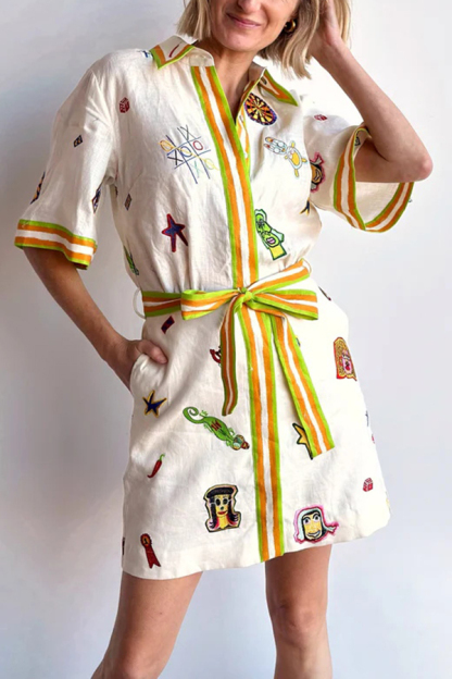 Britt Linen Blend Unique Printed Short Sleeved Pocket Tie Waist Mini Dress-consonak