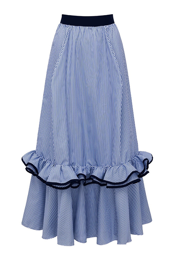 Striped Print Elegant Ruffle Trim Vacation Maxi Skirt-consonak