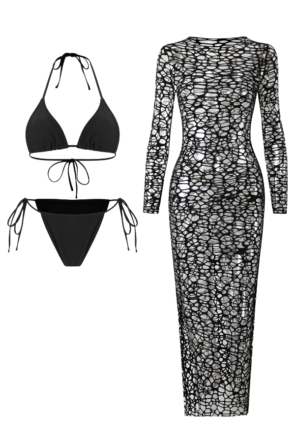 Solid Color Stretch Two-piece Bikini Swimsuit and Hollowed-out Long-sleeved Slim-fit Cover-up Maxi Dress Set-Consonak