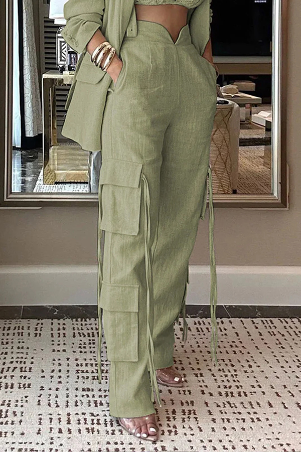 Stylish Lapel Long Sleeve Loose Jacket and Casual Pocket Lace-up Straight Leg Pants Set-consonak