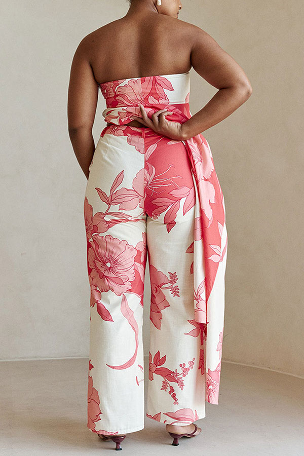 Flora Sunset Linen Blend Printed Front Slit Strapless Midi Top and High Rise Pocket Loose Pants Set