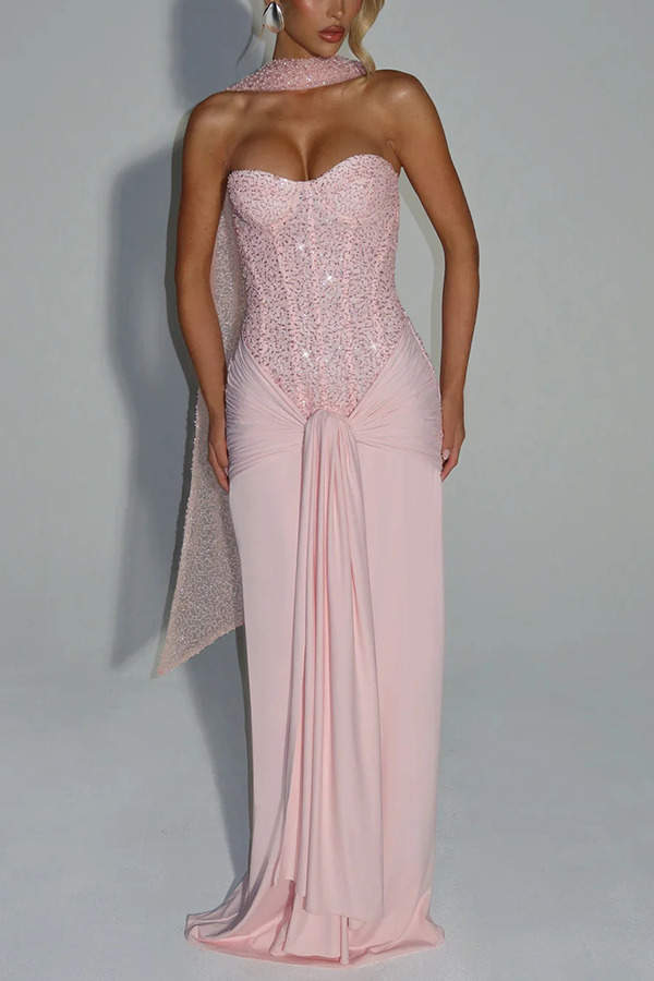 Carina Sequined and Satin Jersey Off Shoulder Ruched Knot Drape Maxi Dress | Consonak