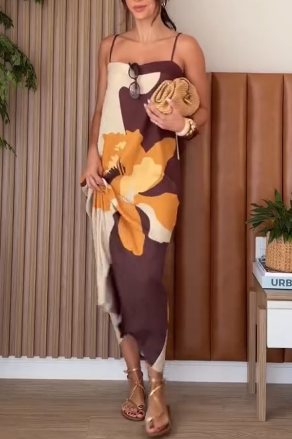 Light Breeze Color-block Floral Print Adjustable Strap H-line Midi Dress-consonak