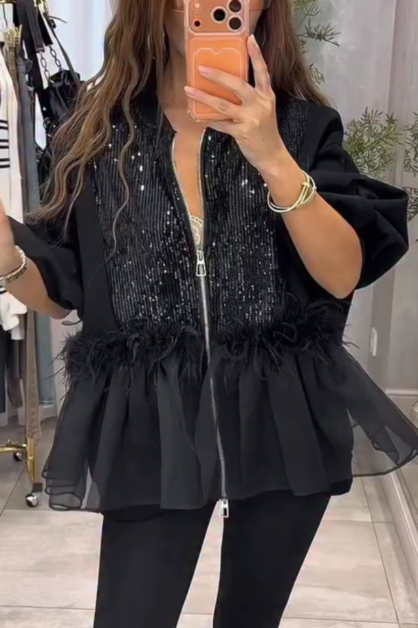 Fashionable Sequined Feather Patchwork Mesh Ruffled Hem Loose Zip-up Jacket