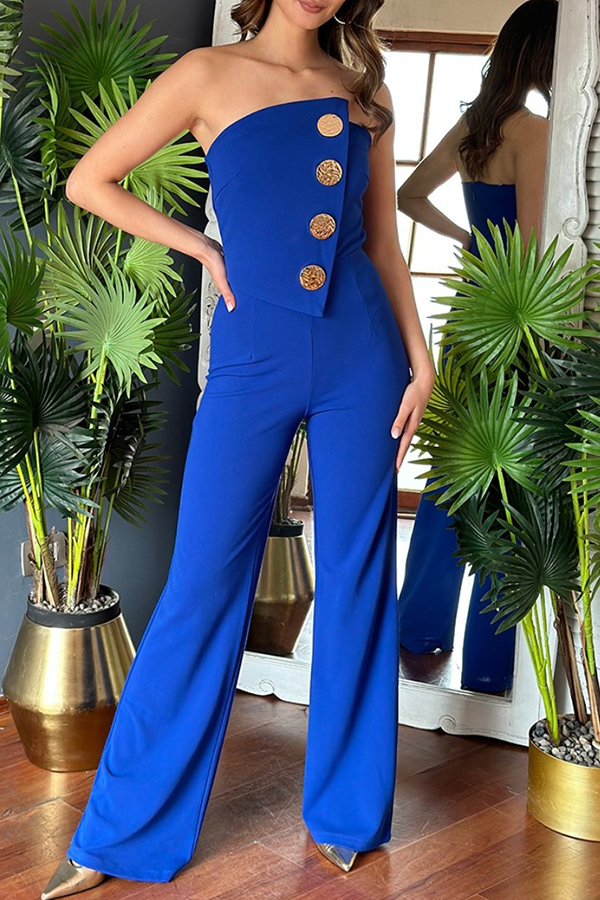 Solid Color Sexy Tube Top Gold Button Embellished Bootcut Jumpsuit-consonak