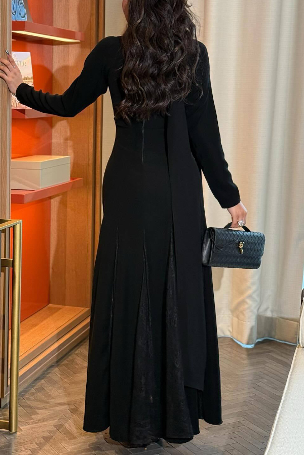 Solid Color Hollowed-out Long-sleeved Spliced ​​lace Slim-fit Maxi Dress-consonak