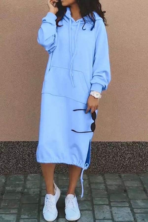 Solid Color Casual Hooded Lace-up Pocket Sweatshirt Style Midi Dress-consonak
