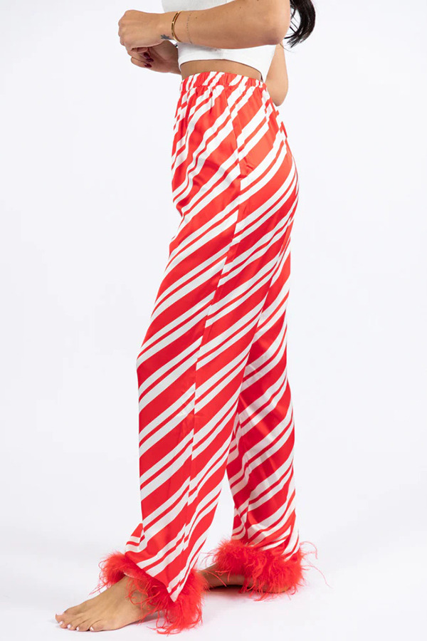 Christmas Party Striped Print Pocket Feather Elastic Waist Pajama Set-consonak