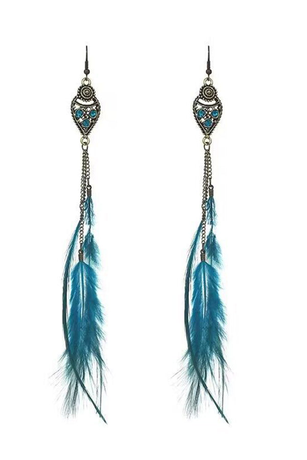 Vintage chain tassel bohemian feather earrings-consonak