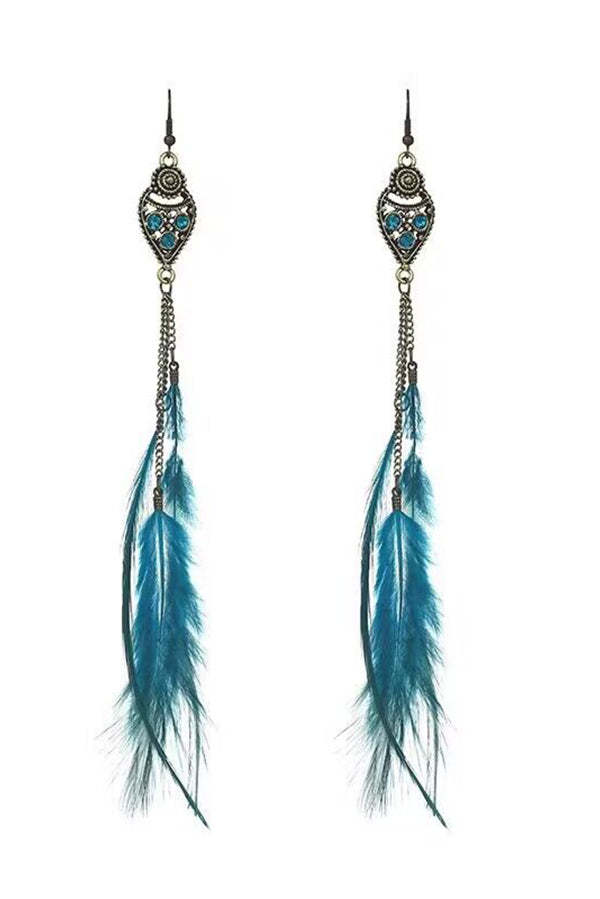 Vintage chain tassel bohemian feather earrings-consonak